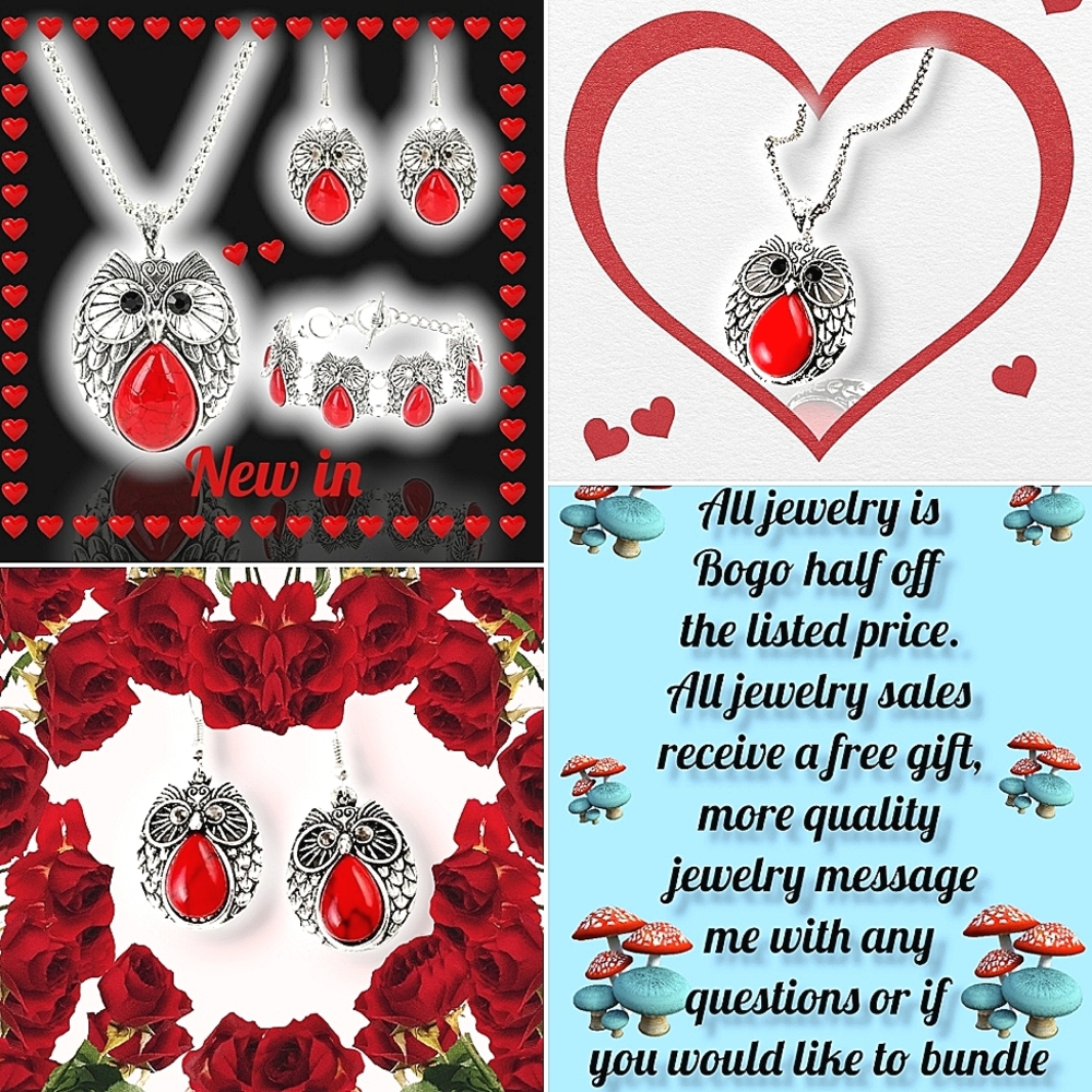 Silver plated black crystal red stone owl necklace earrings bracelet set